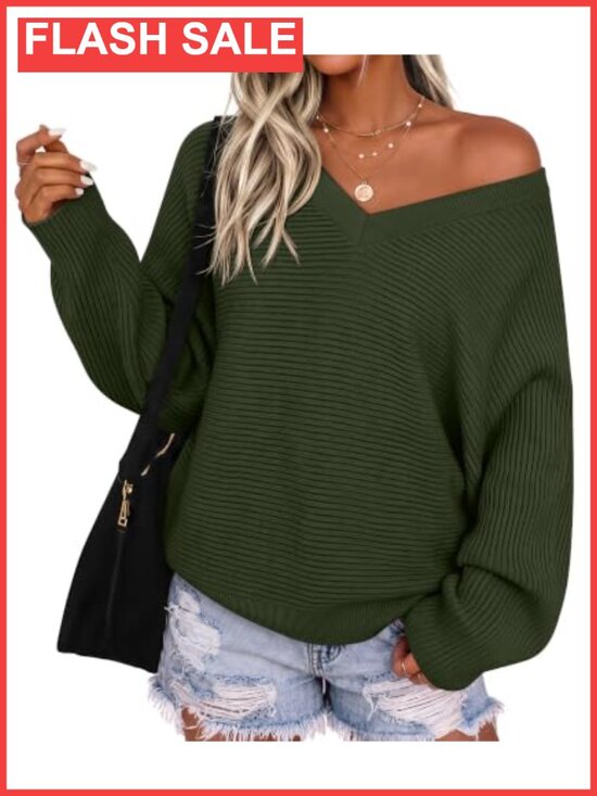 Sweaters - Off Shoulder Oversized Sweater Batwing Sleeve V-Neck Pullover